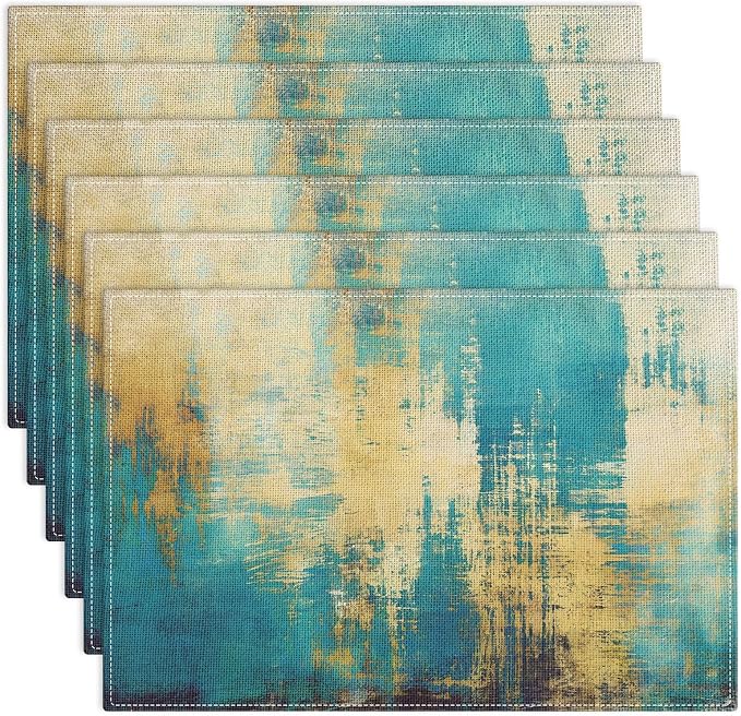 Emvency Farmhouse Placemats Set of 6, 12x18 Inch, Teal Modern Gold Blue | Farmhouse Modern Art Painting Table Mats for Outdoor Home Party Kitchen Dining Decoration