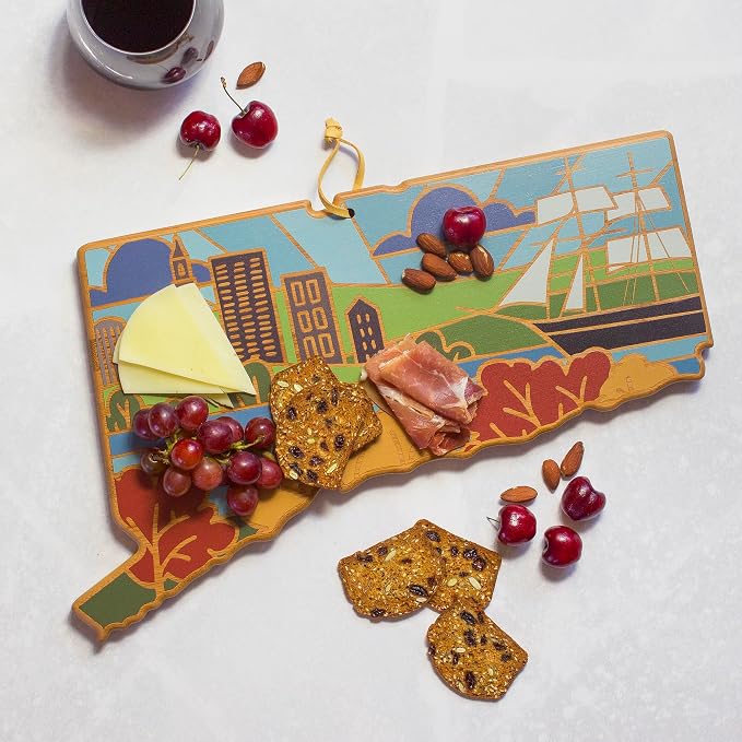 Totally Bamboo Connecticut State Shaped Cutting Board and Charcuterie Serving Platter with Artwork by Summer Stokes, Includes Hang Tie for Wall Display