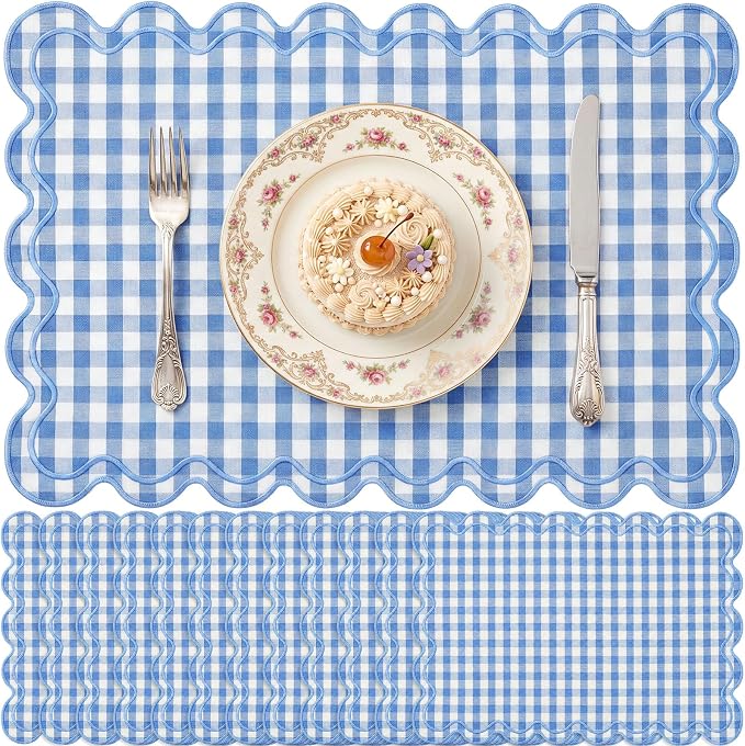 Linen Placemats Set of 12 Scalloped Placemat 13 X19 Wavy Embroidery Double Layered Washable Farmhouse Dinner Fabric Table Mat Napkin for Wedding Party Restaurant(Plaid,Sky Blue)