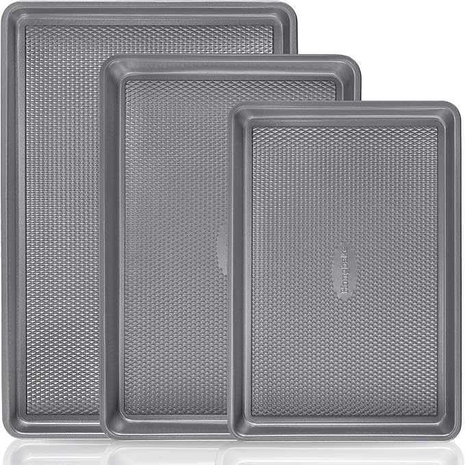 3 Pack Nonstick Ceramic Baking Sheet Pan Set for Oven, Non-Toxic Half/Quarter/Jelly Roll Pans with Diamond Texture, 0.8mm Aluminized Steel Cookie Trays for Cooking, Charcoal Gray