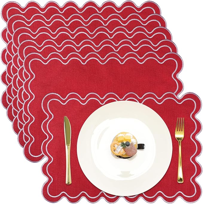 HunnmingRe Red with White Set of 6 Cotton Linen Wedding Placemats, 13x19 Inch Scalloped Wavy Embroidery Placemat Double Layered Washable Rustic Rectangle Dinner Table Mat for Home Decor