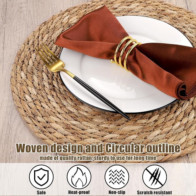 Kochorie Set of 12 Round Woven Placemats 15 Inch Bulrush Placemats Natural Handwoven Boho Rattan Wicker Table Mats for Farmhouse & Home Dining