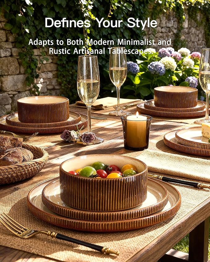 Stoneware Dinnerware Sets, Reactive Glaze Dishes Set for 8 | 24-Piece Handmade Ceramic Plates and Bowls, Microwave & Dishwasher Safe, Chip & Scratch Resistant, Modern Rustic, Cream Brown