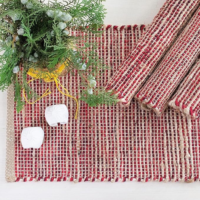 Natural Jute & Red Placemats, Set of 4 – Rustic Handmade Boho Table Mats, 13x19 Inch Dining Table Placemats for Kitchen, Everyday Meals, Holidays, Farmhouse or Modern Table Décor
