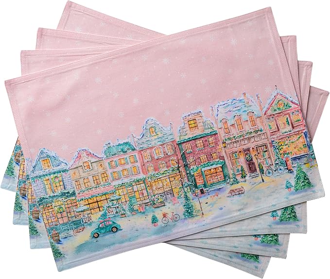 Maison d' Hermine Placemats Set of 4 Reusable 100% Cotton (13"x19") | Cloth Place Mats Washable Table Mats for Kitchen Dining Party Wedding Home Thanksgiving Christmas - Christmas Market - Pink
