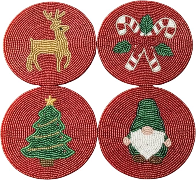 Folkulture Cute Coasters,Set of 4 for Drink,Waterproof, Boho Table Décor | Holiday Magic Beaded Handmade Round Drink Coasters for Coffee Table & Bar, Hand-Crafted Cute Coasters for Housewarming Gifts
