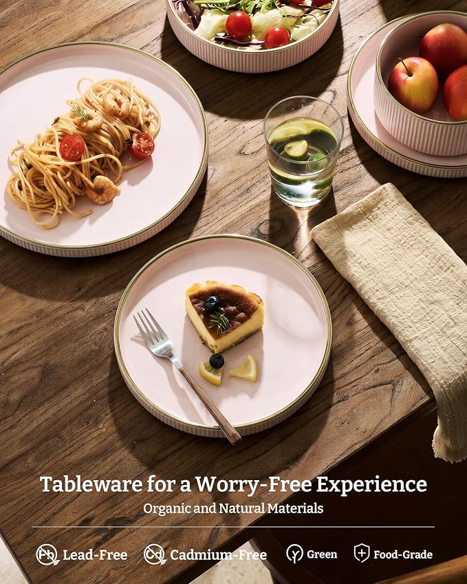 Famiware Stoneware Dinnerware Sets for 8, Rimmed Plates, Bowls, Pink Dishes | 24-Piece Chip & Scratch Resistant Ceramic, Microwave & Dishwasher Safe, Everyday & Formal Dining, Modern Rustic, Lipped Edges