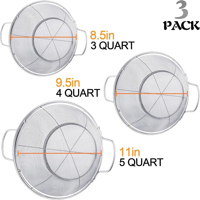 3 Pack 18/8 Stainless Steel Colander Sieves(5-Quart, 4-Quart and 3-Quart), Mesh Strainer Net Baskets with Handles & Resting Base for Strain, Drain, Rinse or Steam