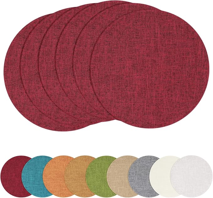 Cotton Linen 15 Inch Round Cloth Place mats, Set of 6, Red | Washable Table Mats, Heat Resistant, Reversible, Wipeable Place Mats for Indoor Outdoor