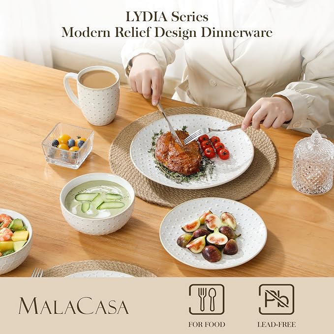 MALACASA 16 Pieces Dinnerware Set, Farmhouse Style Stoneware Plates and Bowls Sets for 4, Embossed Boho Ceramic Dish Set with Mugs, Microwave & Dishwasher Safe, Series LYDIA