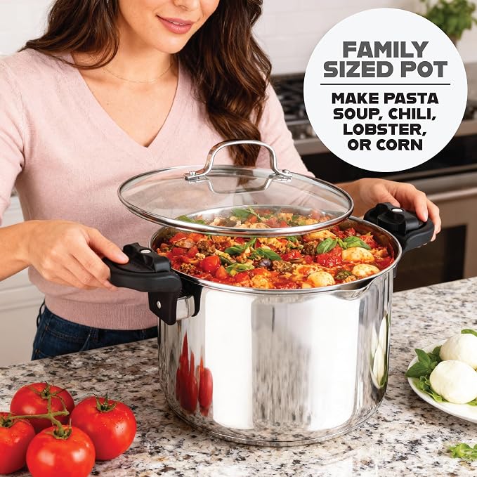 GOTHAM STEEL 8 Qt Stainless Steel Stock Pot Multipurpose Pasta Pot | With Strainer Lid + Twist and Lock Handles, Cooking Pot for Soup, Spaghetti, Rice, Induction Compatible, Dishwasher Safe