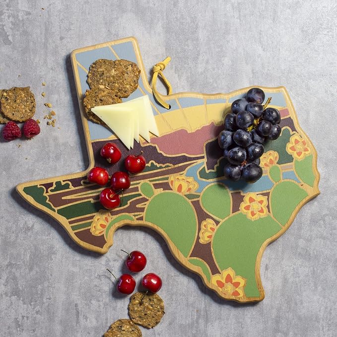Totally Bamboo Texas State Shaped Cutting Board, Summer Stokes Art | State charcuterie board with colorful hand-drawn landscape art. Smooth reverse side for food prep. Hang tie for wall display.
