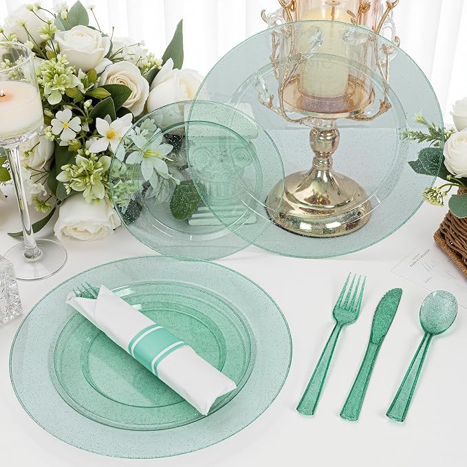 DaYammi 210PCS Green Glitter Plastic Dinnerware Set for 30 Guests, Fancy Disposable Plates for Party, Include: 30 Dinner Plates, 30 Dessert Plates, 30 Pre Rolled Napkins and 30 Cups