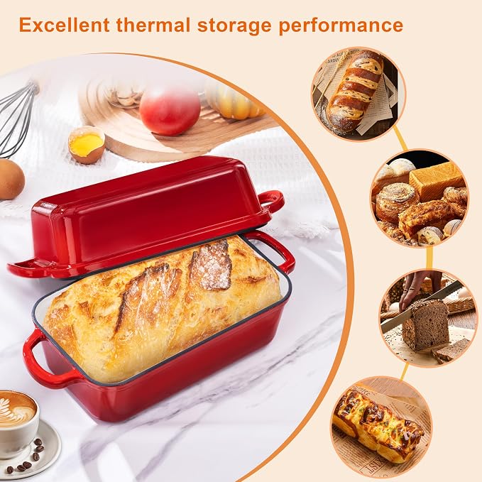GRMImosa 9x5 Inch Cast Iron Loaf Pan with Lid, Loaf Pans for Homemade Bread | Cast Iron Bread Pan with Lid for Sourdough Baking, 9x5 Loaf Pan with 2-in-1 Design, Even Heat Distribution, Enameled Cherry
