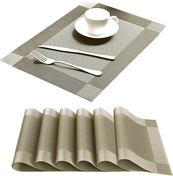 Table Placemats Dining Table Place Mats Set of 6 Heat Resistant Insulation Non-Slip Vinyl for Kitchen Dining Room 18" * 12" Gold