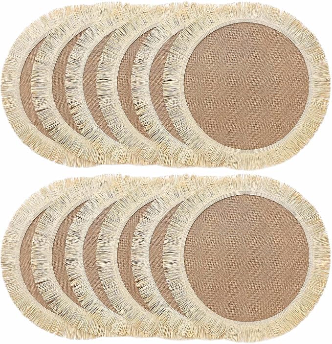 FunWheat Burlap Round Braided Placemats Set of 12 for Dining Tables 15 Inch Heat Resistant Jute Table Mats Farmhouse Woven Fabric Natural Place mats for Fall Decorations Indoor Outdoor(Beige)