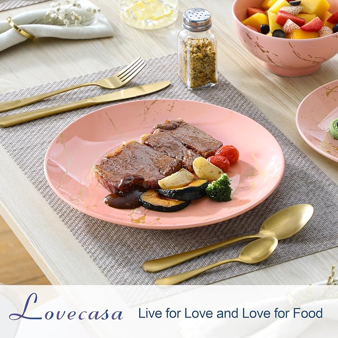 LOVECASA Pink Dinnerware Sets for 4, 12 Piece Porcelain Plates and Bowls Sets, Gold Splash Dish Set, Modern Ceramic Dinner Set, Dishwasher Microwave Safe