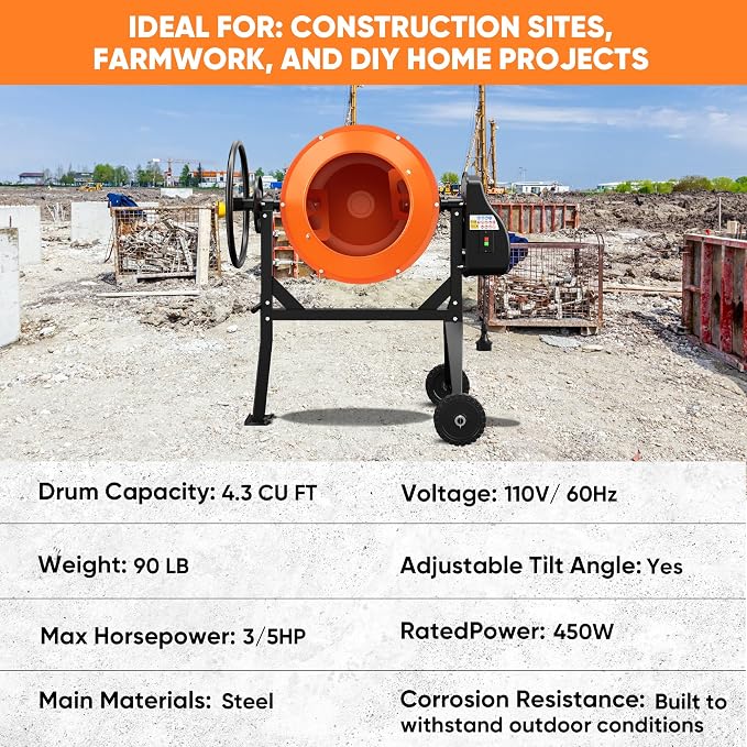 120L Electric Cement Mixer, 4.3 Cubic Ft. 450W 3/5HP Portable Concrete Mixer Machine with Stand And Wheels for Stucco, Mortar, Seeds, Orange-2026 Upgraded