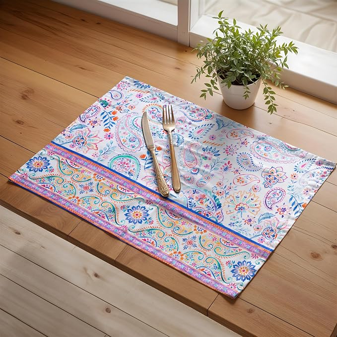 Maison d' Hermine Placemats Set of 4 Reusable 100% Cotton (13"x19") | Cloth Place Mats Washable Table Mats for Kitchen Dining Party Wedding Hotel Home Restaurant Spring Summer - Indian Floral