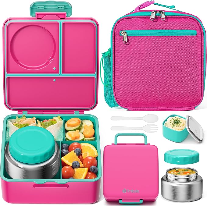 Fimibuke 60oz Kids Bento lunch Box with Insulated Lunch Bag & 8.5oz Thermo | Leakproof 3-4 Compartment Toddler Kids Lunch Box Food Container w/ Utensils, Sauce Cup for School Boys Girls, Dishwasher Safe