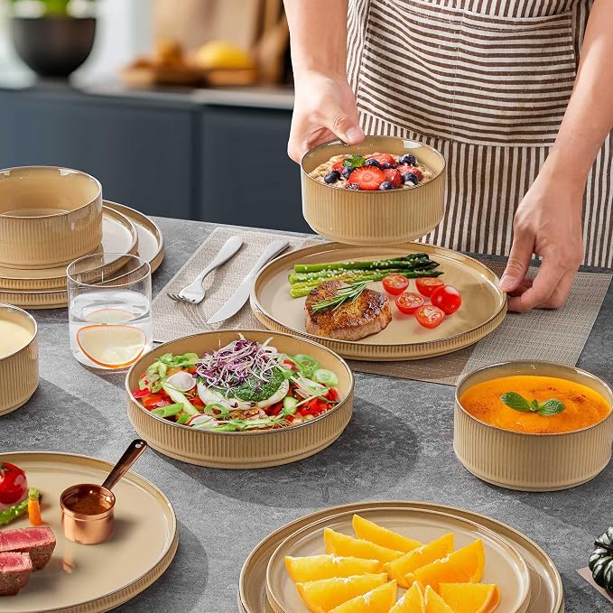 LIANYU 24 Piece Dinnerware Plates and Bowls for 6, Ceramic Elegant Stoneware Dishes Sets with Pasta Bowls, Modern Ribbed Dining Ware Dishware for Restaurant Wedding, Dishwasher Safe, Dune Khaki