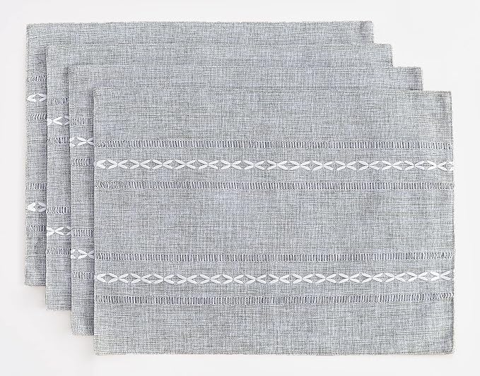 Wracra Cotton Linen Place Mats, Grey Embroidered Placemats Set of 4 | Placemats 12 x 18 Inch; Cotton Linen Woven Fabric; Heat Resistant Table Mats; Raised Embroidered Hollow Design