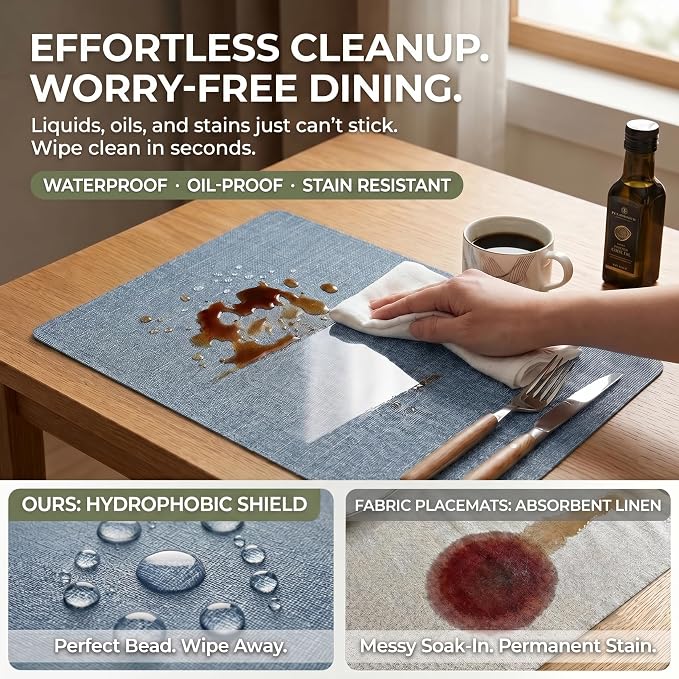 Faux Leather Placemats Set of 6, Wipeable Waterproof Stain Resistant Table Mats, Heat Resistant Thick Placemats with Hand-Painted Edges for Kitchen Dining, Imitative Linen Texture, Various Shapes