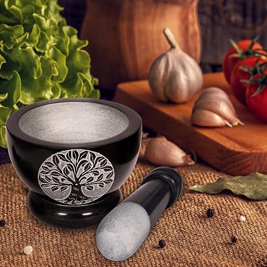 Mortar and Pestle, Made of Heavy Duty Polished Hard Stone, Natural Stone Grinder for Spices, Pastes, Herbs, Seasoning etc. (Tree of Life)
