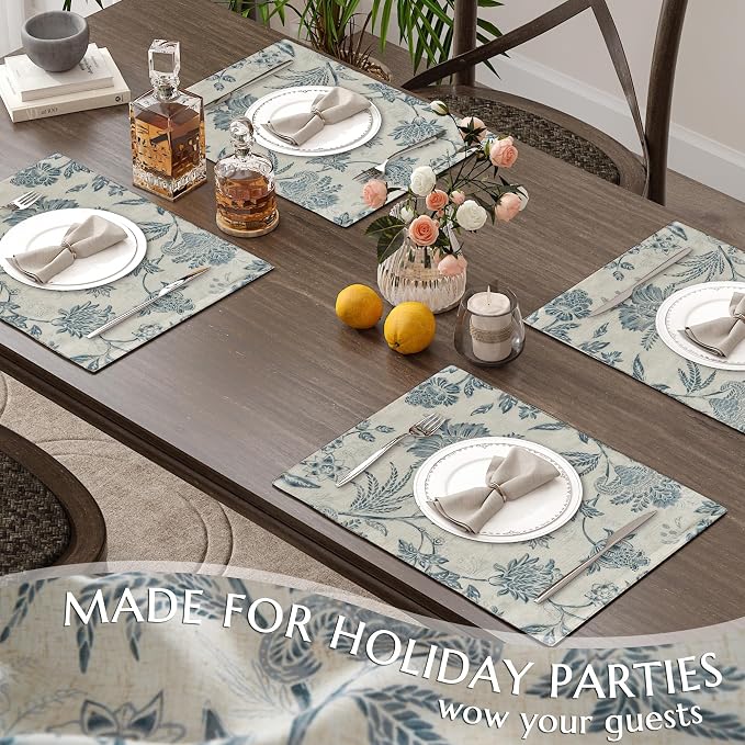 JINCHAN Sliva Linen Floral Placemats Set of 4 Farmhouse 13x19 Inch Blue | Fabric Placemats, Cottage Style, Painterly Floral Pattern, Machine Washable, Easy to Store, Reusable