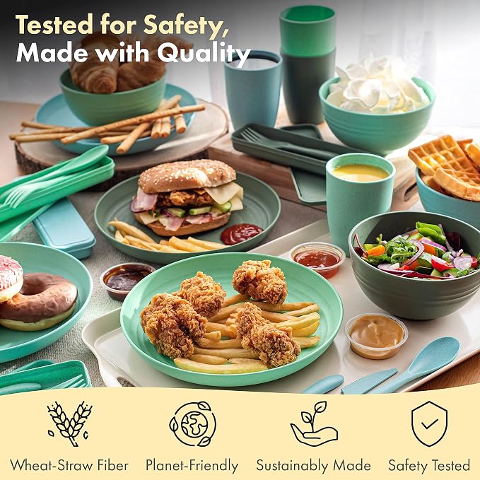 FOODLE Wheat Straw Dinnerware Set - RV, Camping, Picnic Plates Cups & Bowls | BPA-Free & Safety Tested - Microwave & Dishwasher Safe - Lightweight & Unbreakable Dishes - Great for Kids & Adults - For 4