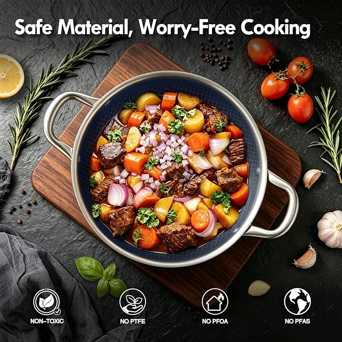 BRASA Nonstick Deep Frying pan with lid,10.24in/3QT,Stainless Steel Saute Pan,nonstick Cookware,Compatible Gas,Electric & Induction,Dishwasher safe PFOA Free(10.24in+5.9in trivet) Dual Handles