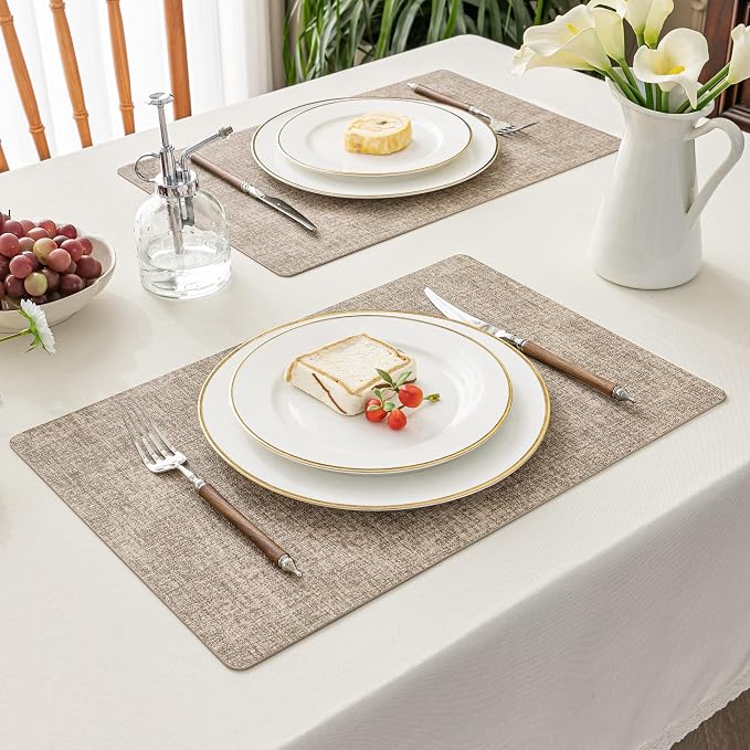 Romanstile Vinyl Placemats Set of 4-12 X 17 Inch - Faux Leather 100% Waterproof Wipeable Anti Slip Place Mats, Heat Resistant Reversible PU Table Mats for Kitchen Dining Party Outdoor, Khaki