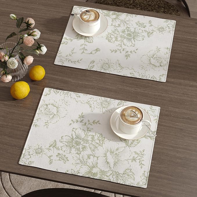 JINCHAN Alice Linen Floral Placemats Set of 4 Farmhouse 13x19 Inch Green | Fabric Placemats, Cottage Style, Floral Line Art, Machine Washable, Easy to Store, Reusable