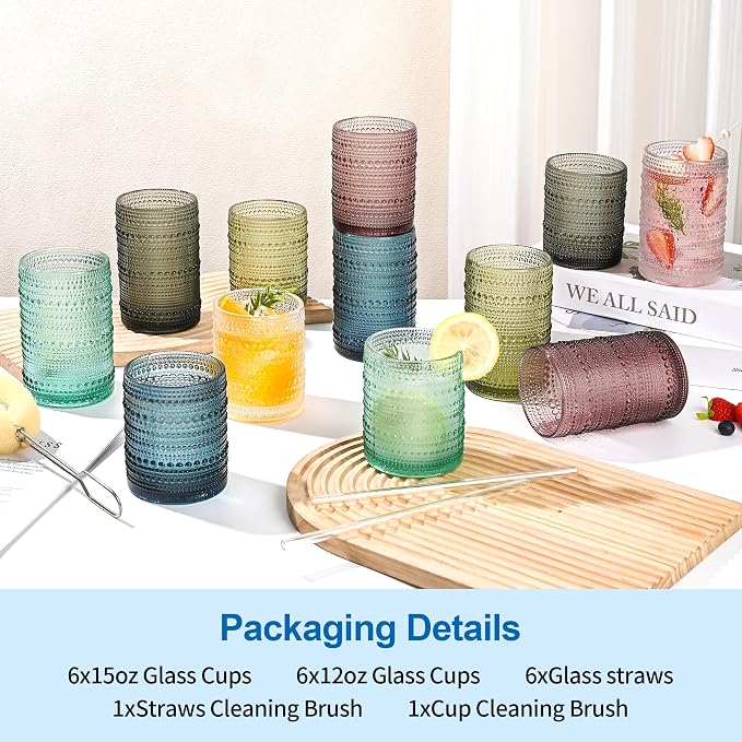 KMIGRUAN Hobnail Drinking Glasses Set of 12, 15Oz & 12Oz Cocktail Glasses | Blue-Vintage Highball Glasses, Embossed Beaded Water Glass Cups for Juice and Various Mixed Drinks, Kitchen Drinking Glasses