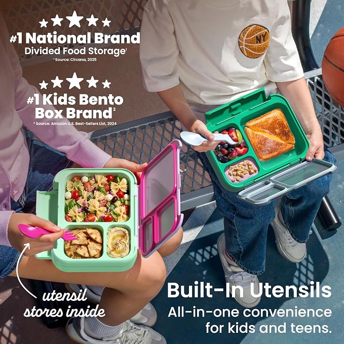 Bentgo Kids Stow & Go Leak-Proof Lunch Box with Built-In Utensil | 3.5-Cup Capacity, Removable Tray, Portion-Perfect Compartments for Kids and Teens, 2-in-1 Spoon & Fork (Strawberry)