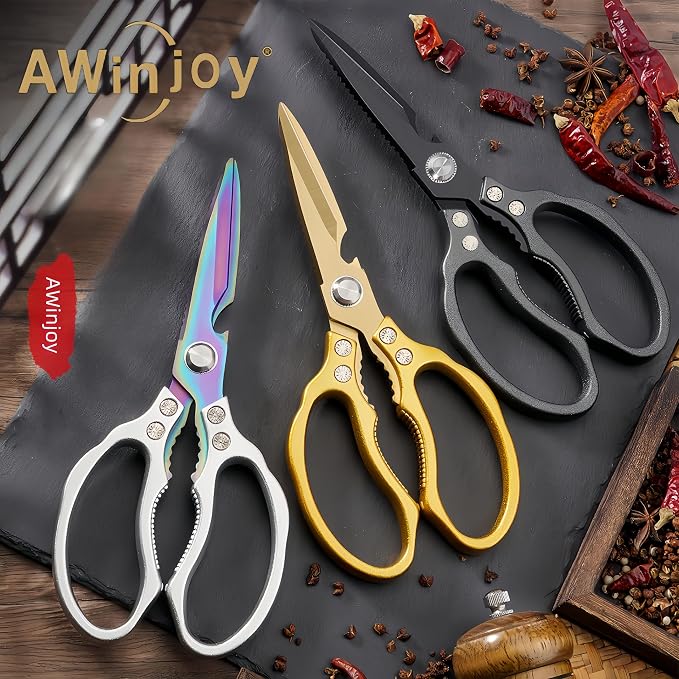 AWinjoy Japanese Gold Kitchen Scissors, Heavy Duty Stainless Steel, Multipurpose Cooking Shears, Dishwasher Safe