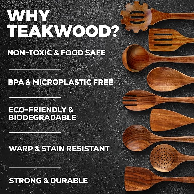 Zulay Kitchen 9-Piece Teak Wood Cooking Utensil Set – Non-Toxic & Non-Stick Safe Wooden Spoons & Kitchen Tools with Comfortable Grip, Smooth Finish Natural Teak – Perfect Kitchen Gift Set