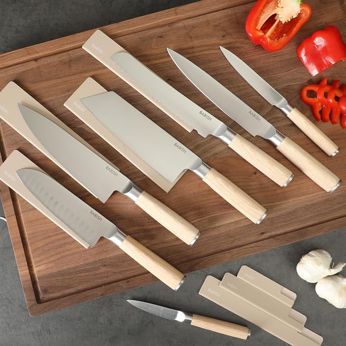 Babish 14-Piece Full Tang Forged Light Pakka Wood Kitchen Knife Set – High-Carbon 1.4116 German Steel Cutlery with Protective Sheaths – Professional Chef Knife Set