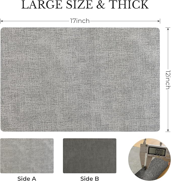 Romanstile Vinyl Placemats Set of 4, Reversible Faux Leather Heat Resistant Wipeable Table Mats, Waterproof Washable Non-Slip Table Placemats for Dining/Kitchen/Outdoor (Grey Light Grey, 12" x 17")