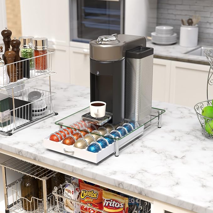 Deco Brothers Tempered Glass Vertuo Pod Holder, Fits 28 Large/56 Small Pods | Compatible with Nespresso Capsule, White