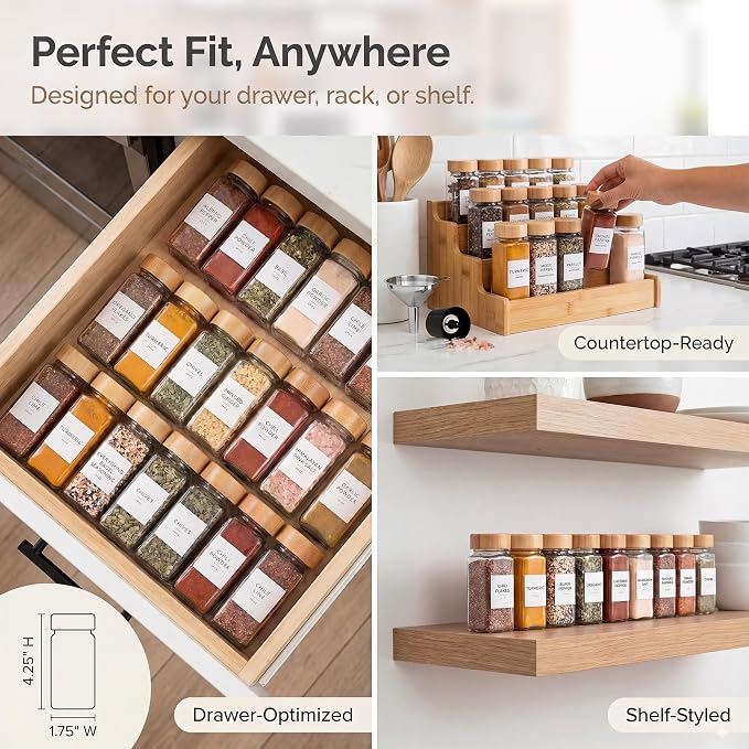 SAVVY & SORTED Glass Spice Jars with Label, 24PK Bamboo Jar Spices Set 4oz, 374 Spice Labels, Pepper Grinder, Empty Herb Seasoning Containers, Funnel and Shaker Lids
