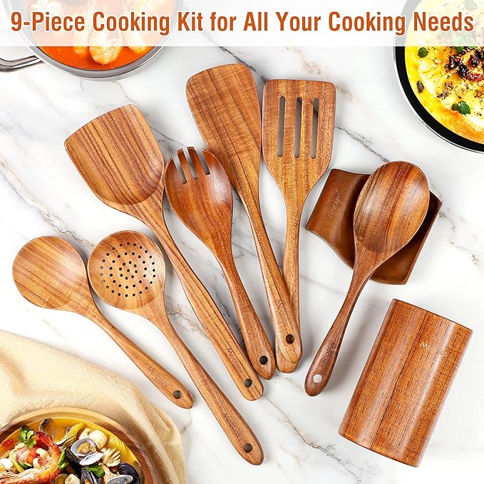 Mooues Wooden Kitchen Utensil Set, 9 Piece Natural Teak with Spoon Rest | Wooden Cooking Utensils with Comfort Grip, Smooth Durable Heat Resistant Cooking Spoons and Utensils Holder for Cooking
