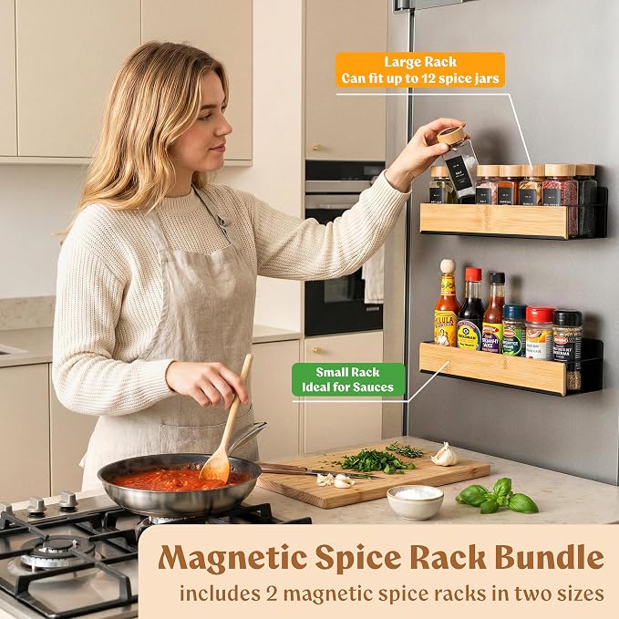 Square Glass Spice Jars (24 x 4oz) with Bamboo Lids + Magnetic Spice Rack for Refrigerator (Fits 12 Jars) + Bonus Slim Auxiliary Rack, 240 Labels, Shaker Inserts, Funnel
