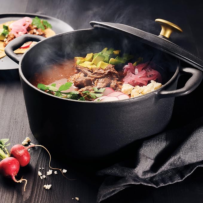 Tramontina Bestow Enameled Cast Iron 5.5-Qt Round Dutch Oven Pot with Lid | Great for Braising, Roasting and Bread Baking - Matte Black with Gold Knob