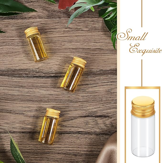 Didaey 200 Pcs Small Clear Vials Spice Mini Jars with Lids Mini Glass Bottles with Screw Aluminum Metal Caps Tiny Jars Sample Containers for Powder Cream Cosmetic Jewelry Wedding (10 ml,Gold Caps)