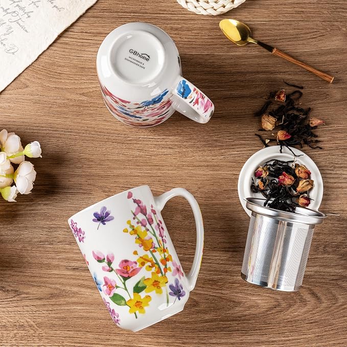 GBhome Tea Mug with Infuser and Lid,18 Ounce Ceramic Loose Leaf Cup Steeper | Lead-Free Glaze For Tea Lovers,Microwave & Dishwasher Safe with Tea Strainer