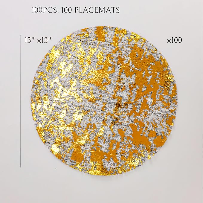 Snowkingdom Black Gold Placemats Round Disposable Sparkly Paper Metallic Glitter Foil Gold Doilies Luxury Dining Table Decoration Centerpieces for Party Birthday Wedding Christmas Shower Set of 100