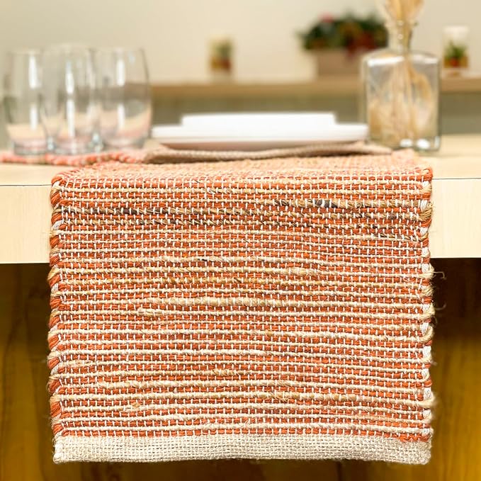 Natural Jute Table Runner 13x72 Inch – Vintage Boho Rustic Table Decor – Handwoven Table Runner in Natural Jute and Rust Orange – Farmhouse Dining or Console Table Accent