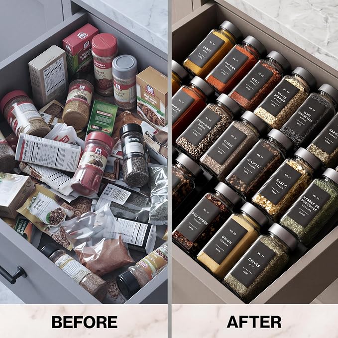 Glass Spice Jars with Label, 24x Space Gray Stainless Steel Lids | Airtight Lids keep spices fresh, Kitchen Spice Drawer Organizer, 4oz Seasoning Containers incl. Funnel, Brush & 240 Labels