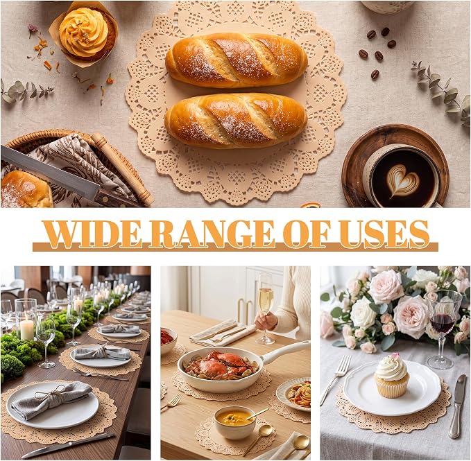 300 Pack 13.5 Inch Round Kraft Paper Doilies, Disposable Lace Placemats | Rustic Brown Scallop Doily Table Pads, Heavy-Duty Paper Place Mats for Cakes, Crafts, Parties, Weddings, Buffet, Home Decor